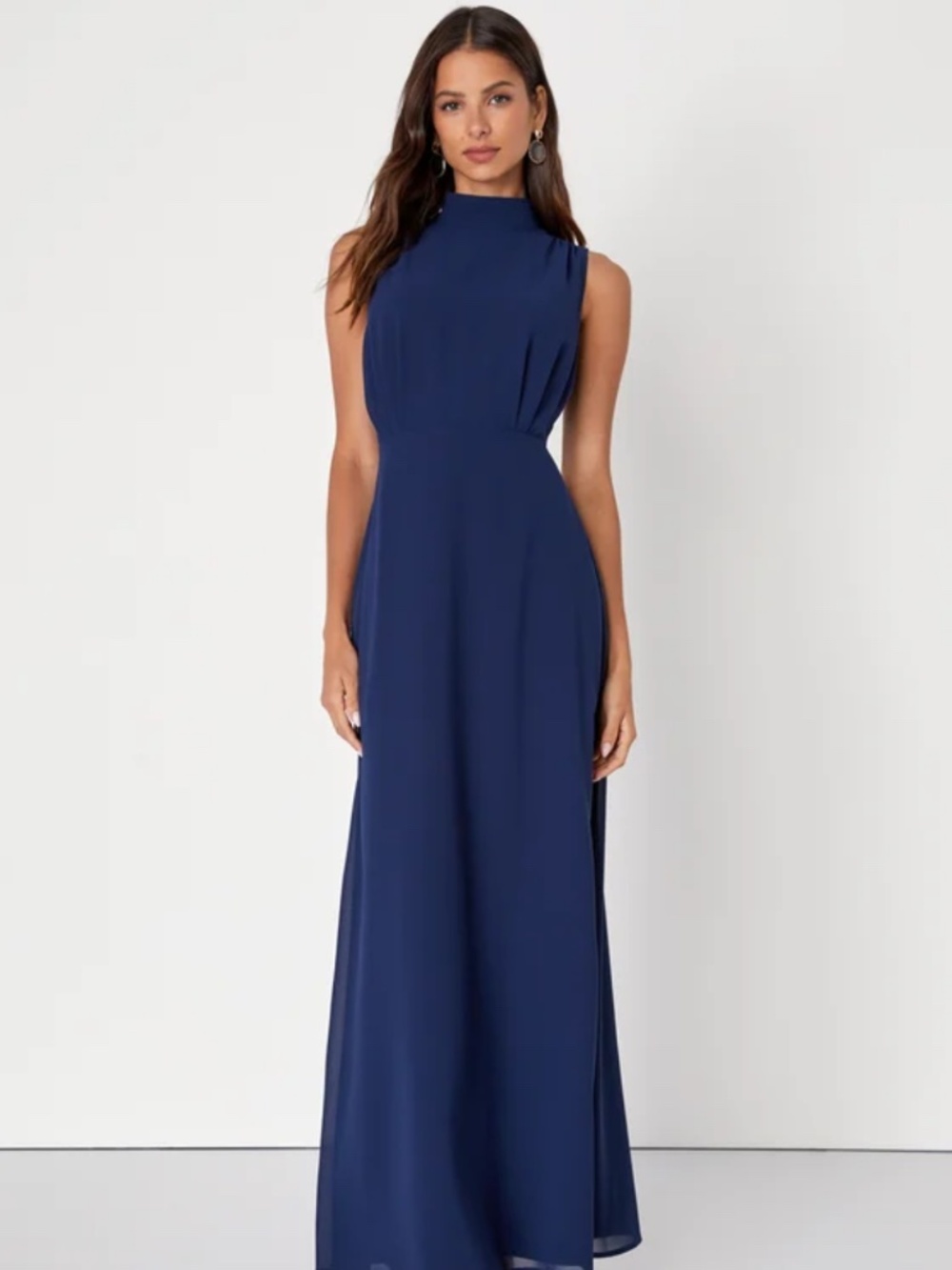 Navy Chiffon Sleeveless Mock Neck Maxi Dress